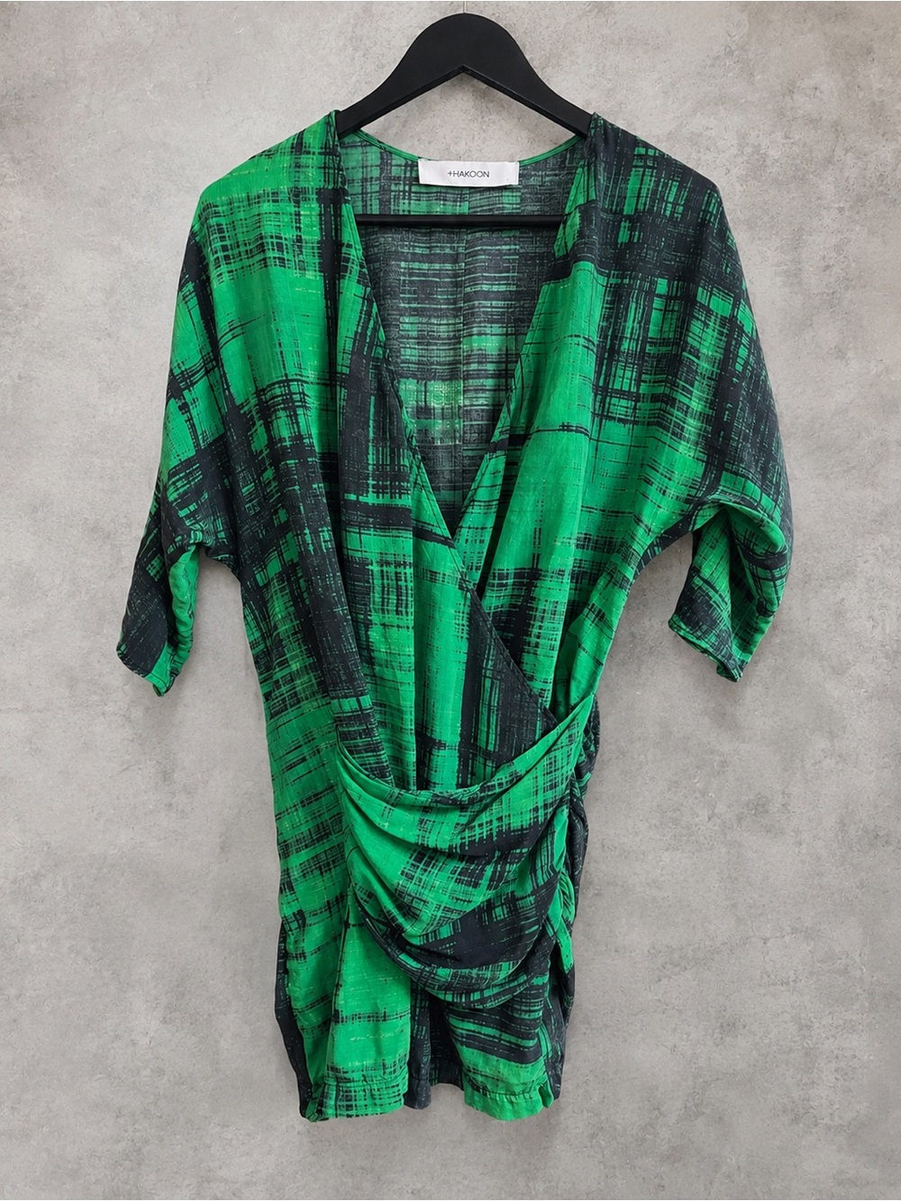 Thakoon Silk Dress Size 0 Green Black Abstract Print Draped Kimono Mini